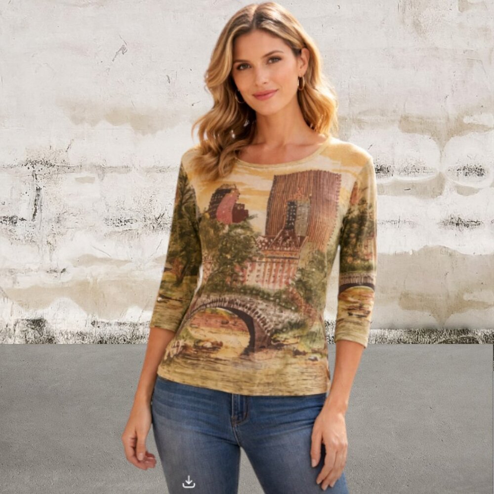 Take Two Clothing Company Tan Sequin Graphic Blouse with 3/4 Sleeves Size Medium